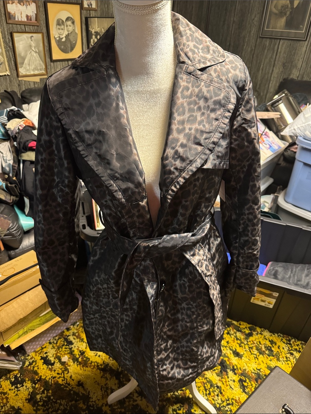 Liz Claiborne Black and Brown Leopard-Print Trench Coat